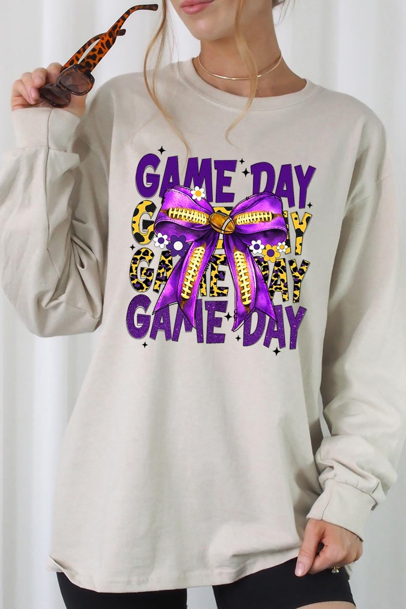 UL240-E3092 Purple Yellow Football GameDay Bow Long Sleeve Tee $13.75