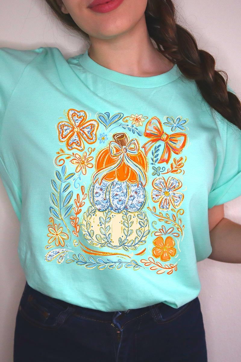 US3001P-E3153 Floral Pumpkin Stack Graphic Plus Tee $16