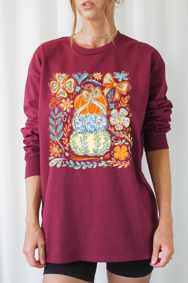 UL240P-E3153 Floral Pumpkin Stack Graphic Plus Long Sleeve Tee $17