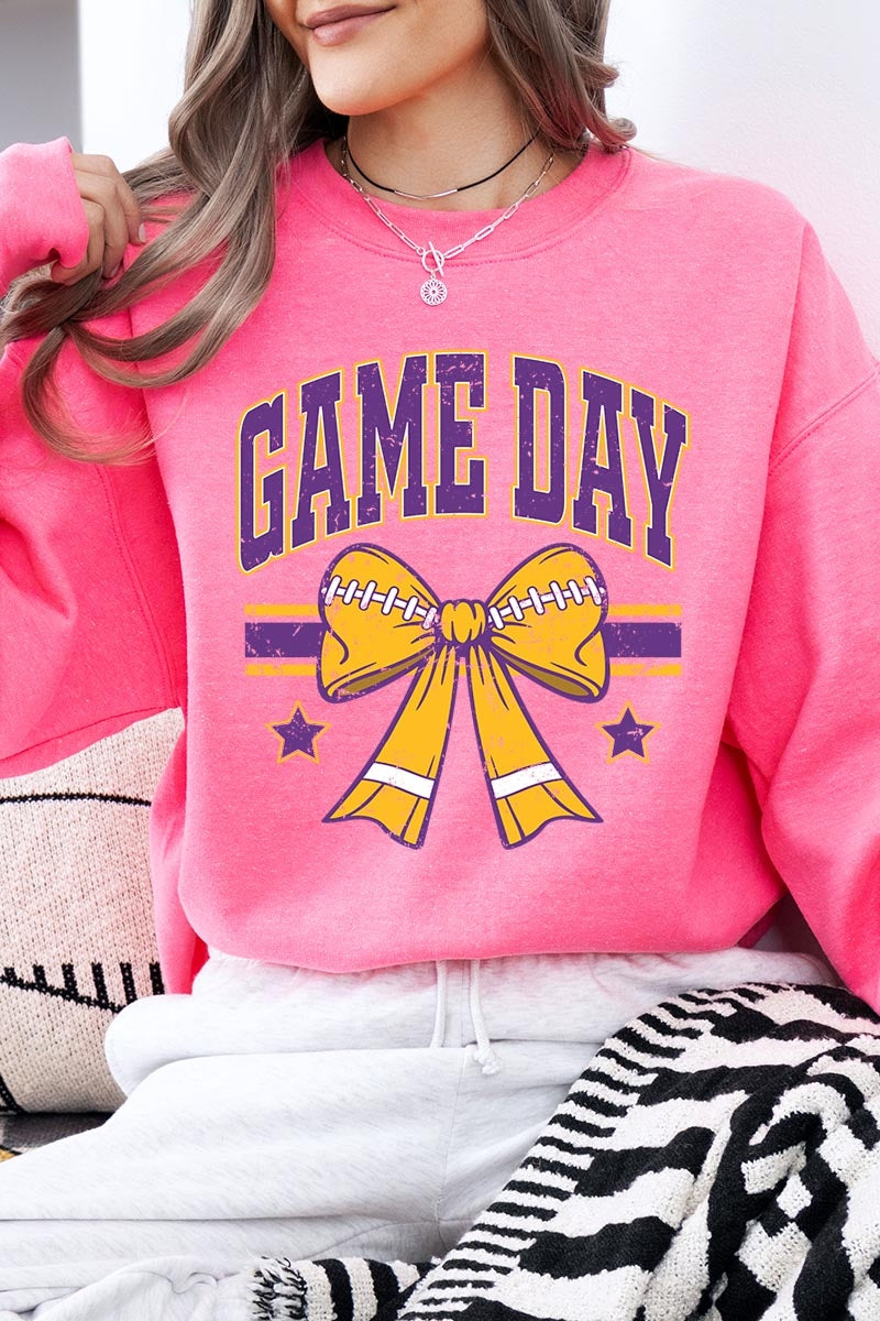 UL180-E3063 Purple Game Day Football Bow Graphic Sweatshirt $20