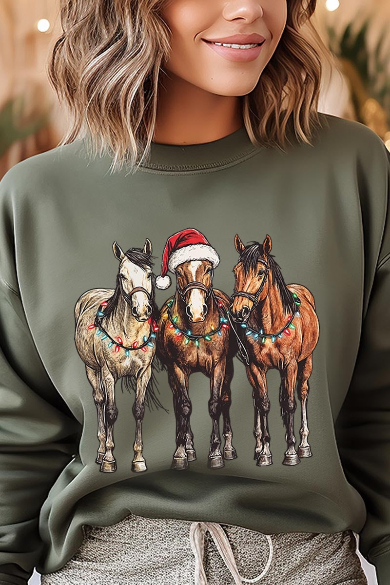 UL180-E3182 Christmas Horses Graphic Sweatshirt $20