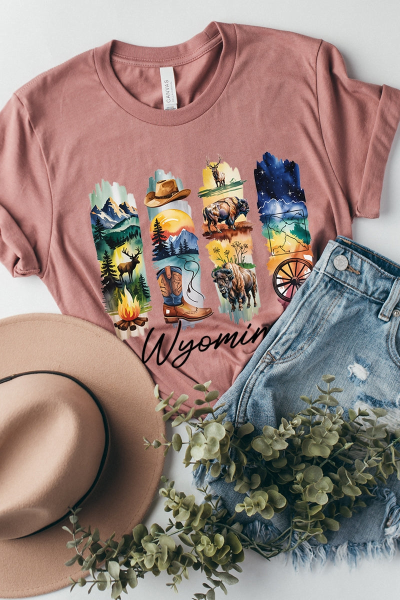US3001-E3061WY Wyoming State Brushstroke Graphic Tee $12.5
