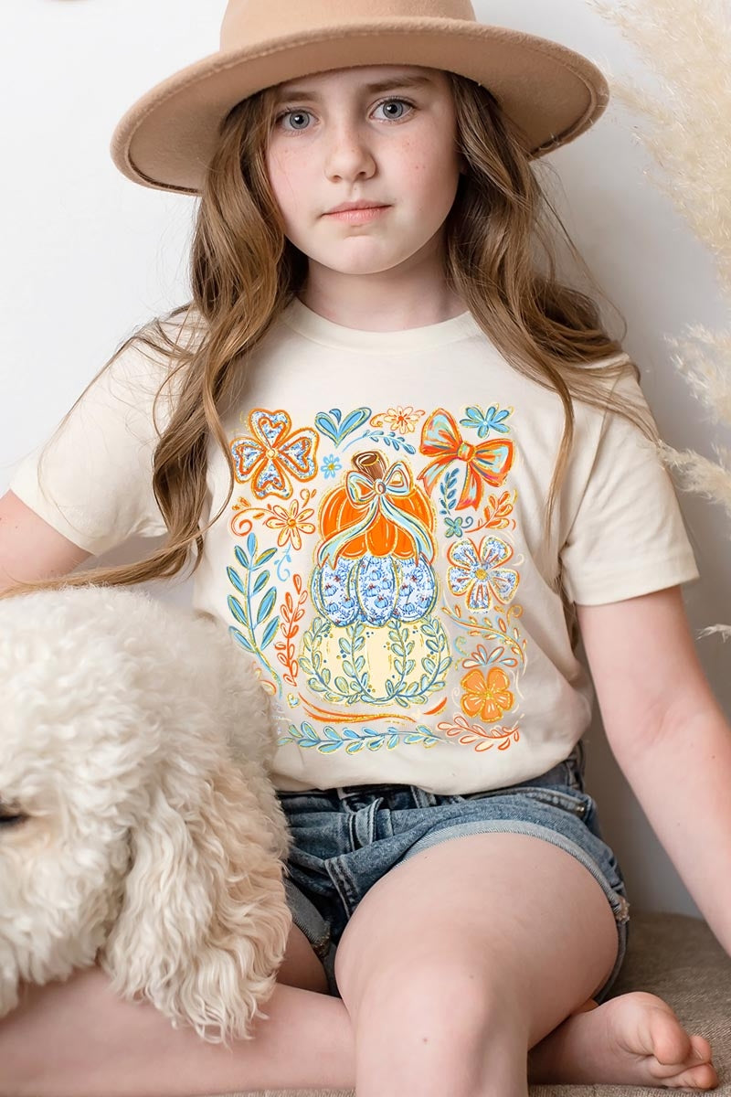 US3001Y-E3153Z Floral Pumpkin Stack Kids Graphic Tee $11