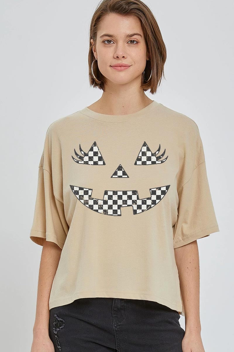 CTS-E3149 Checker Pumpkin Face Graphic Relaxed Crop Top $11