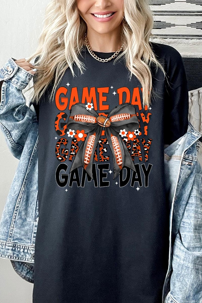 5000P-E3088 Orange Black Football Bow Plus Heavy Cotton Tee $12.75