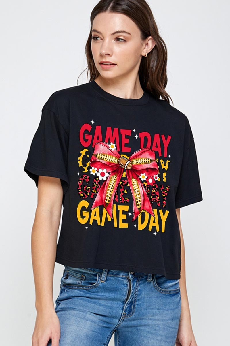 CTS-E3091 Red Yellow Football Game Day Bow Relaxed Crop Top $11