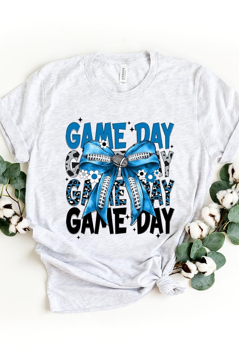US3001-E3089 Blue Silver Football Game Day Bow Graphic Tee $12.5