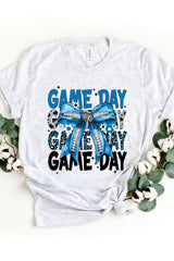 US3001-E3089 Blue Silver Football Game Day Bow Graphic Tee $12.5