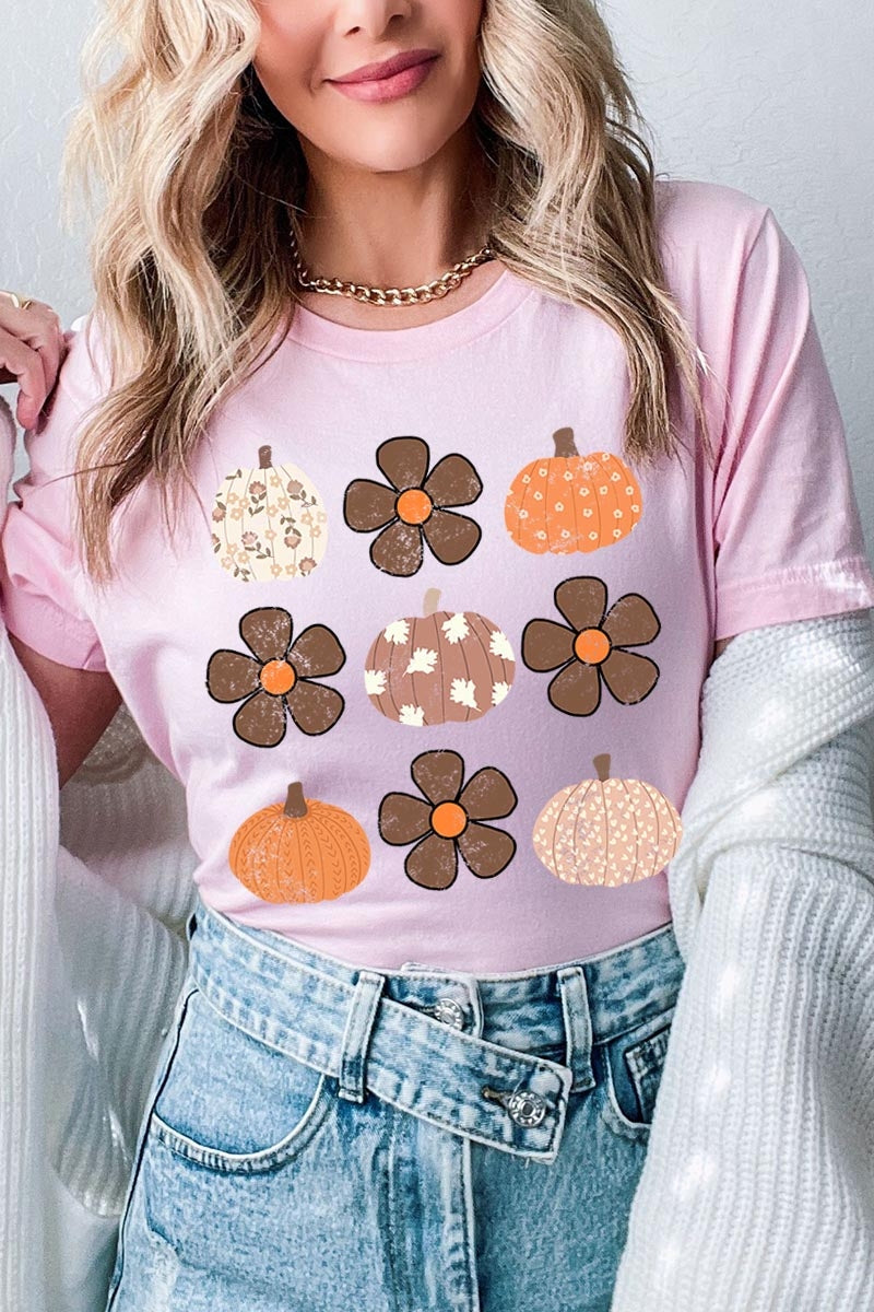 US3001-E3117 Pumpkins & Flowers Fall Graphic Tee $12.5