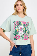 CTS-E3086 Western Floral Cow Skull Graphic Relaxed Crop Top $11