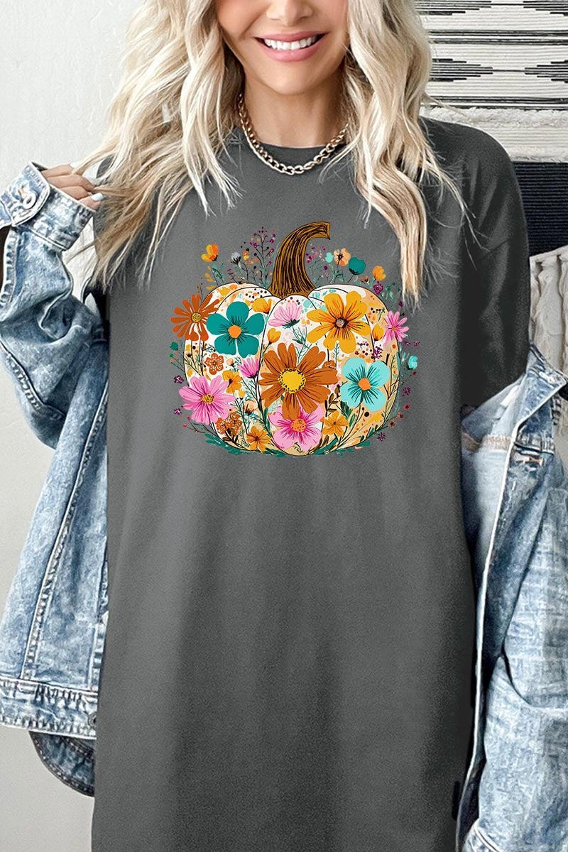5000-E3118 Floral Pumpkin Graphic Heavy Cotton Tee $9