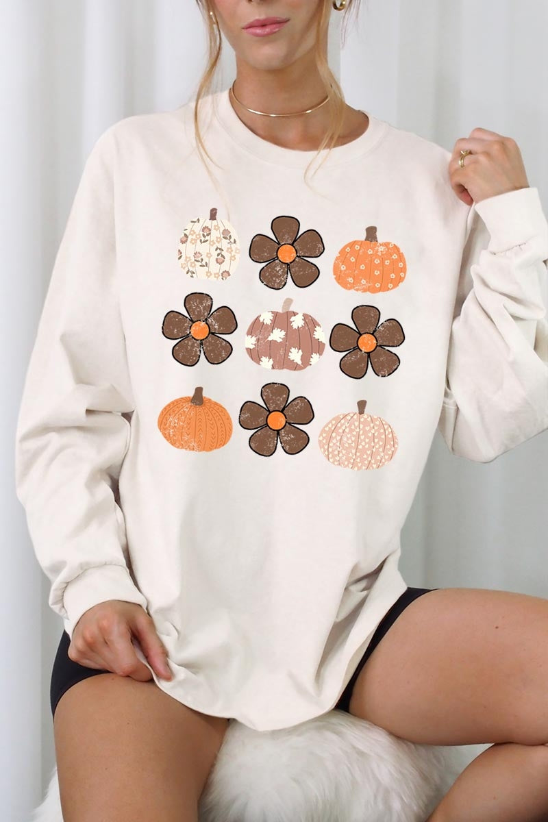UL240P-E3117 Pumpkins & Flowers Fall Plus Long Sleeve Tee $17