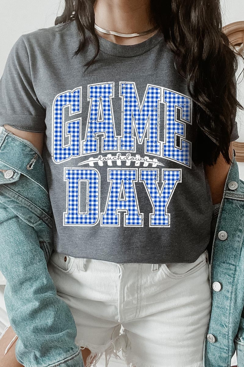 US3001P-E3130 Blue Gingham Game Day Graphic Plus Tee $16