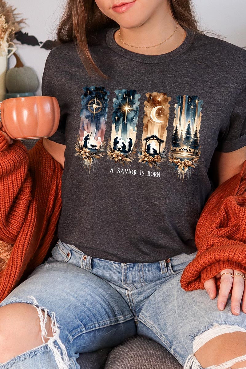 US3001P-E3204 Savior Is Born Nativity Graphic Plus Tee $16