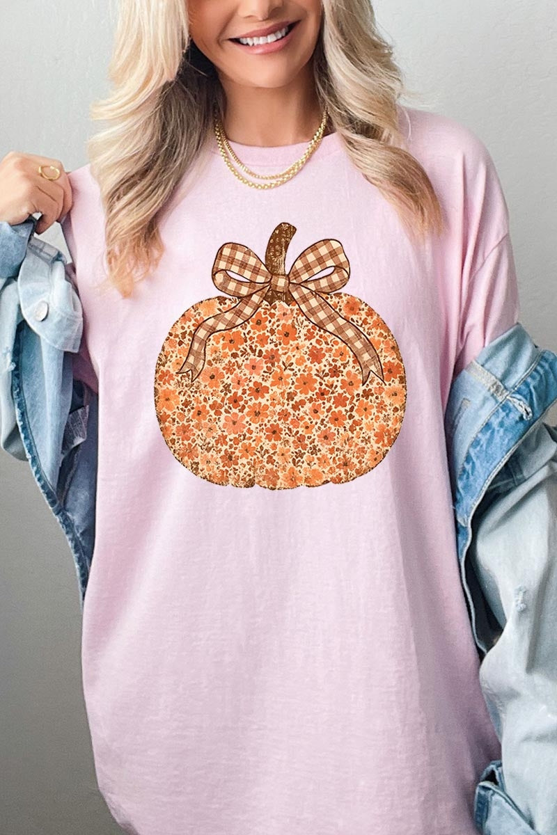5000-E3135 Floral Fall Pumpkin Graphic Heavy Cotton Tee $9