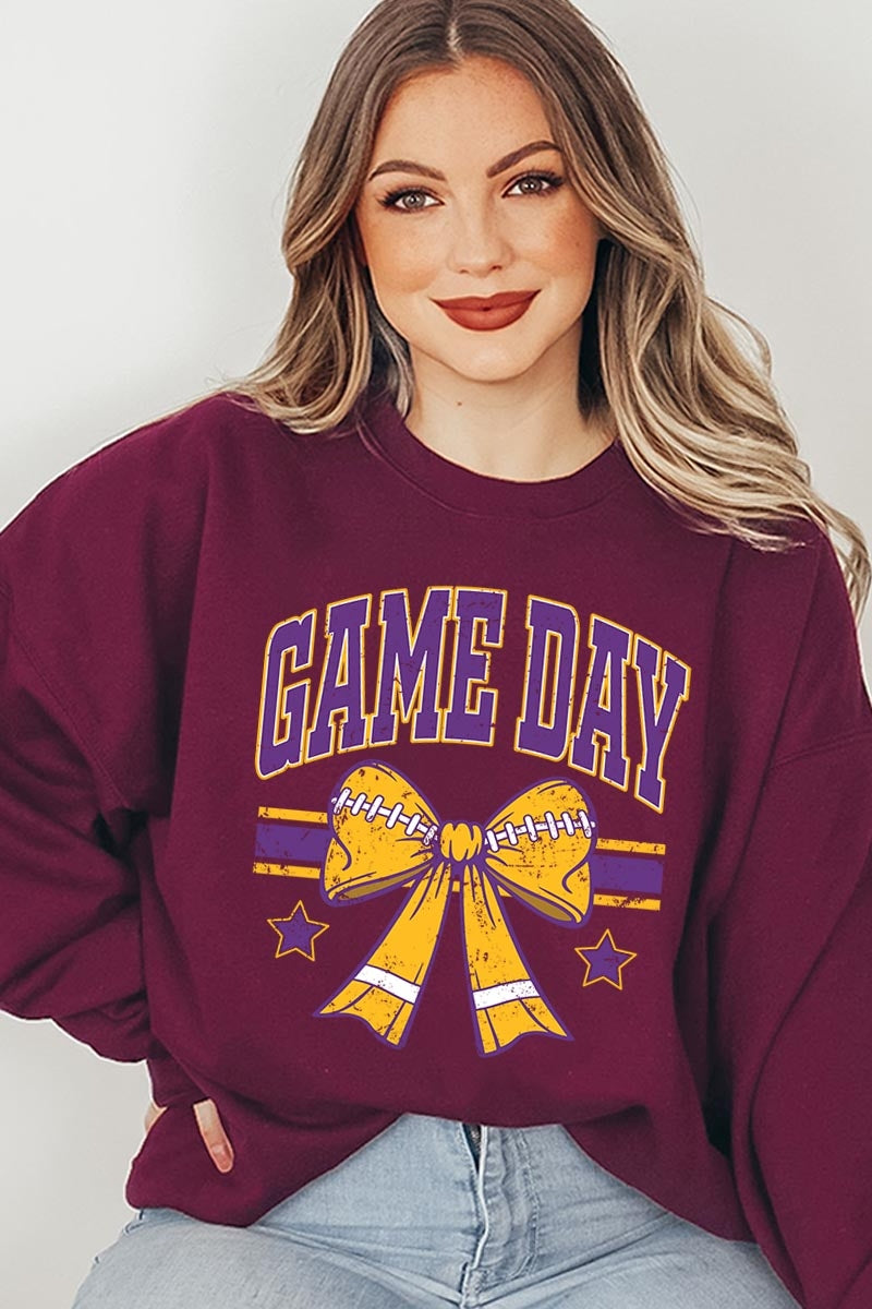 UL180P-E3063 Purple Game Day Football Bow Plus Sweatshirt $25