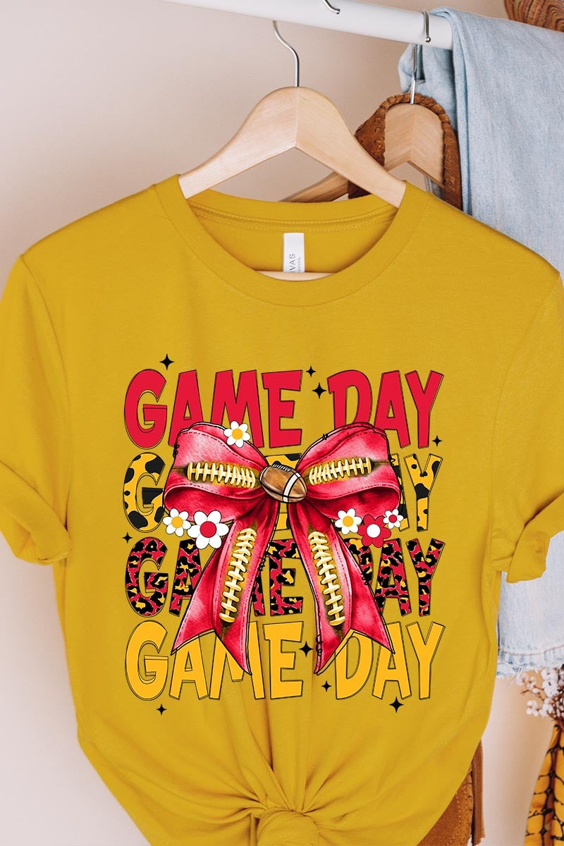 US3001P-E3091 Red Yellow Football Game Day Bow Graphic Plus Tee $16