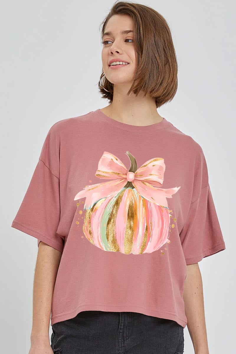 CTS-E3083 Brushstroke Pumpkin Graphic Relaxed Crop Top $11