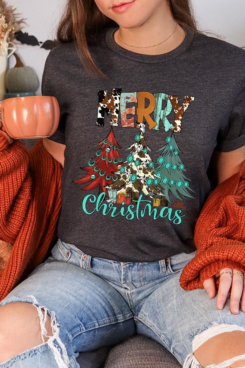 US3001P-E3200 Merry Christmas Trees Graphic Plus Tee $16