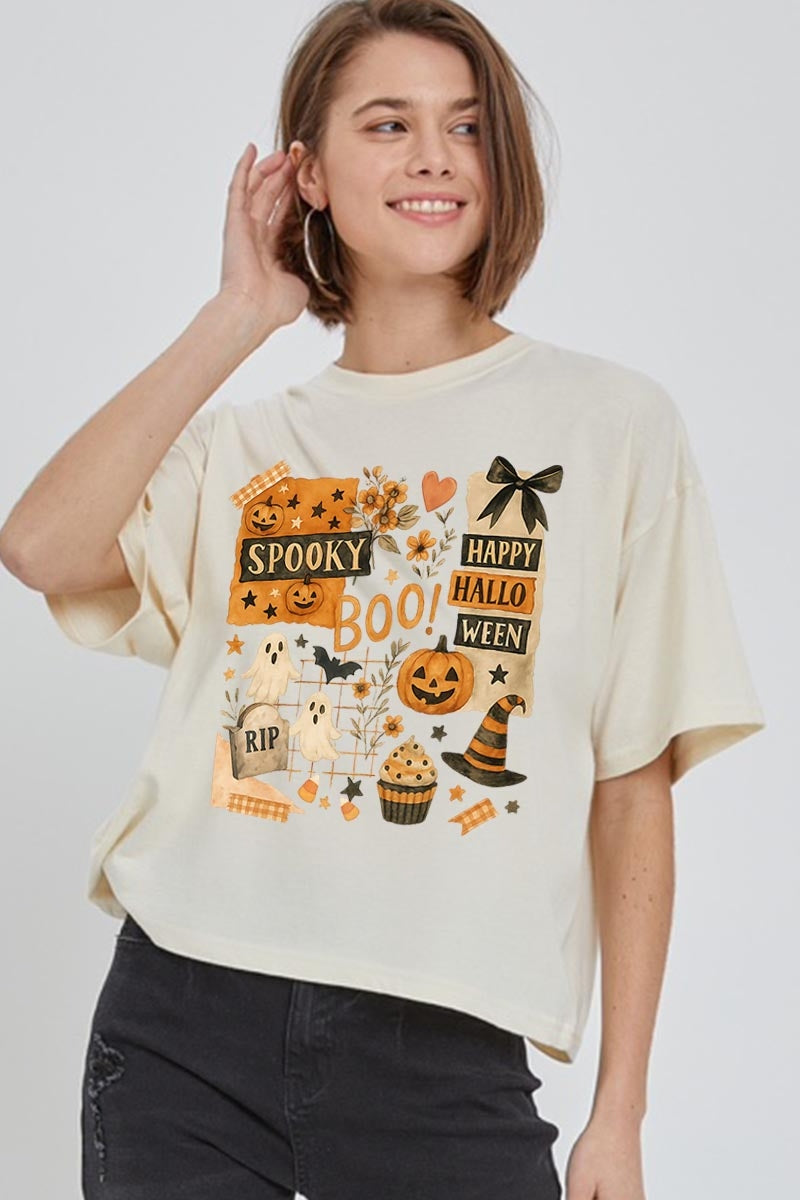 CTS-E3084 Halloween collage Graphic Relaxed Crop Top $11