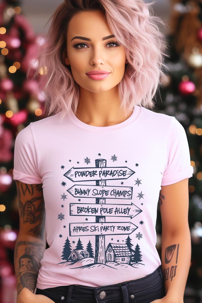 US3001P-E3189 Ski Lodge Signs Graphic Plus Tee $16