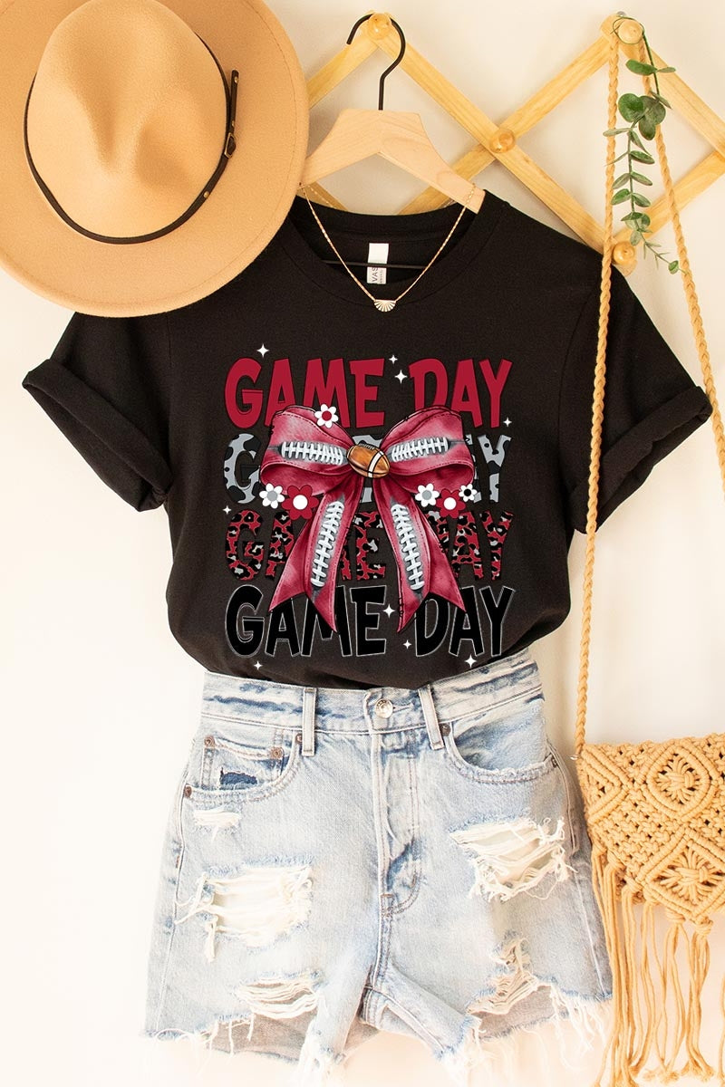 US3001-E3093 Red Silver Football Game Day Bow Graphic Tee $12.5