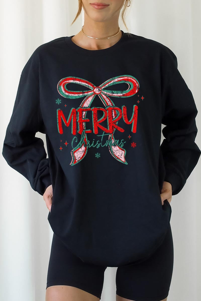 UL240P-E3197 Merry Christmas Bow Graphic Plus Long Sleeve Tee $17