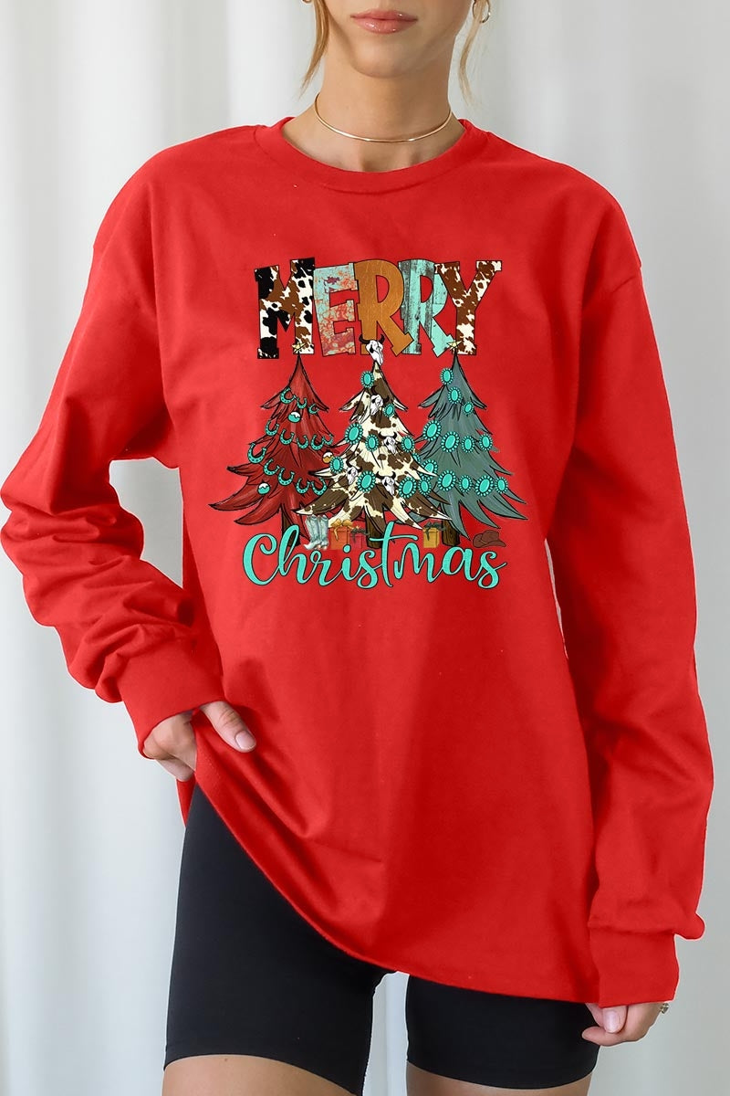 UL240P-E3200 Merry Christmas Trees Graphic Plus Long Sleeve Tee $17