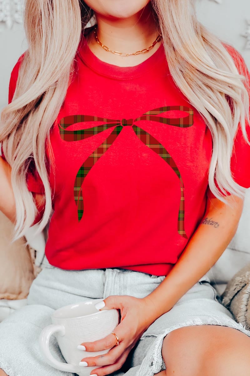 US3001-E3211 Red Bow Christmas Graphic Tee $12.5