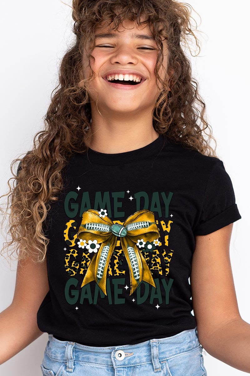 US3001Y-E3090Z Yellow Football Game Day Bow Kids Graphic Tee $11