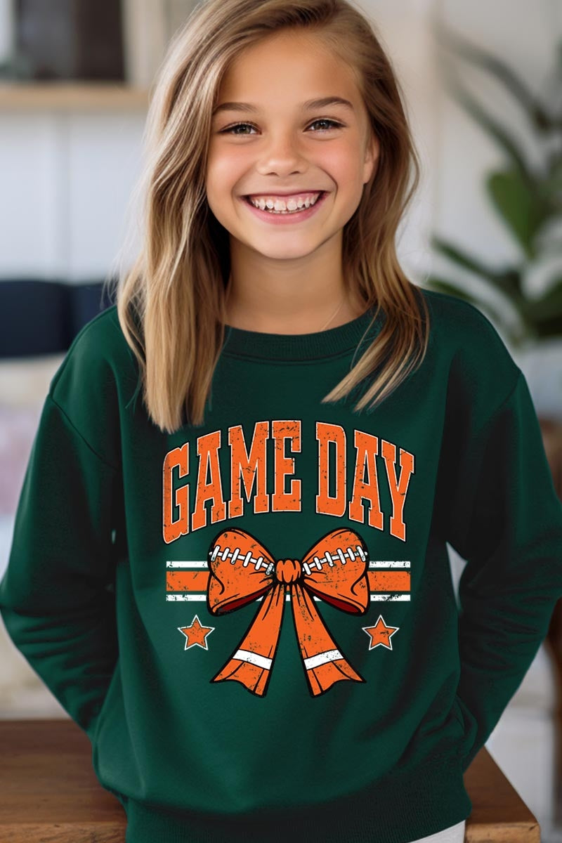 UL180B-E3064Z Orange Game Day Football Bow Kids Sweatshirt $20