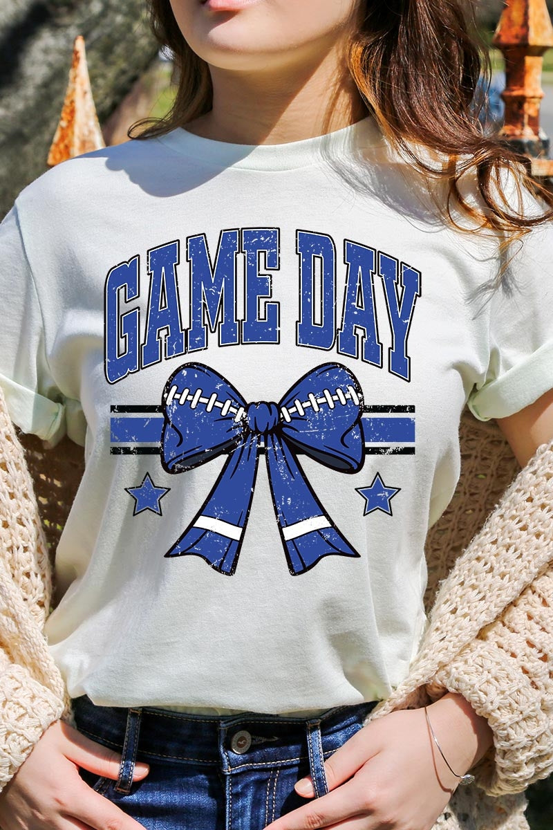US3001P-E3065 Blue Game Day Football Bow Graphic Plus Tee $16