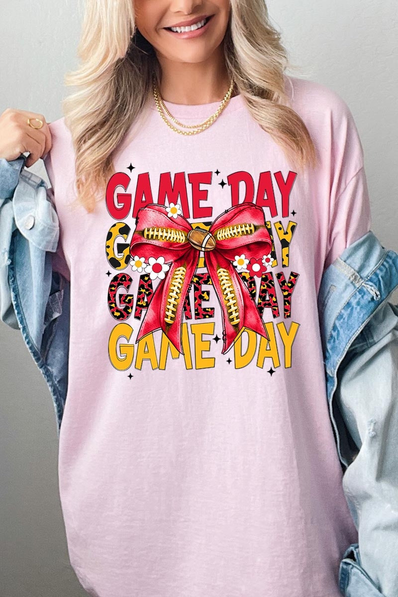 5000-E3091 Red Yellow Football Game Day Bow Heavy Cotton Tee $9