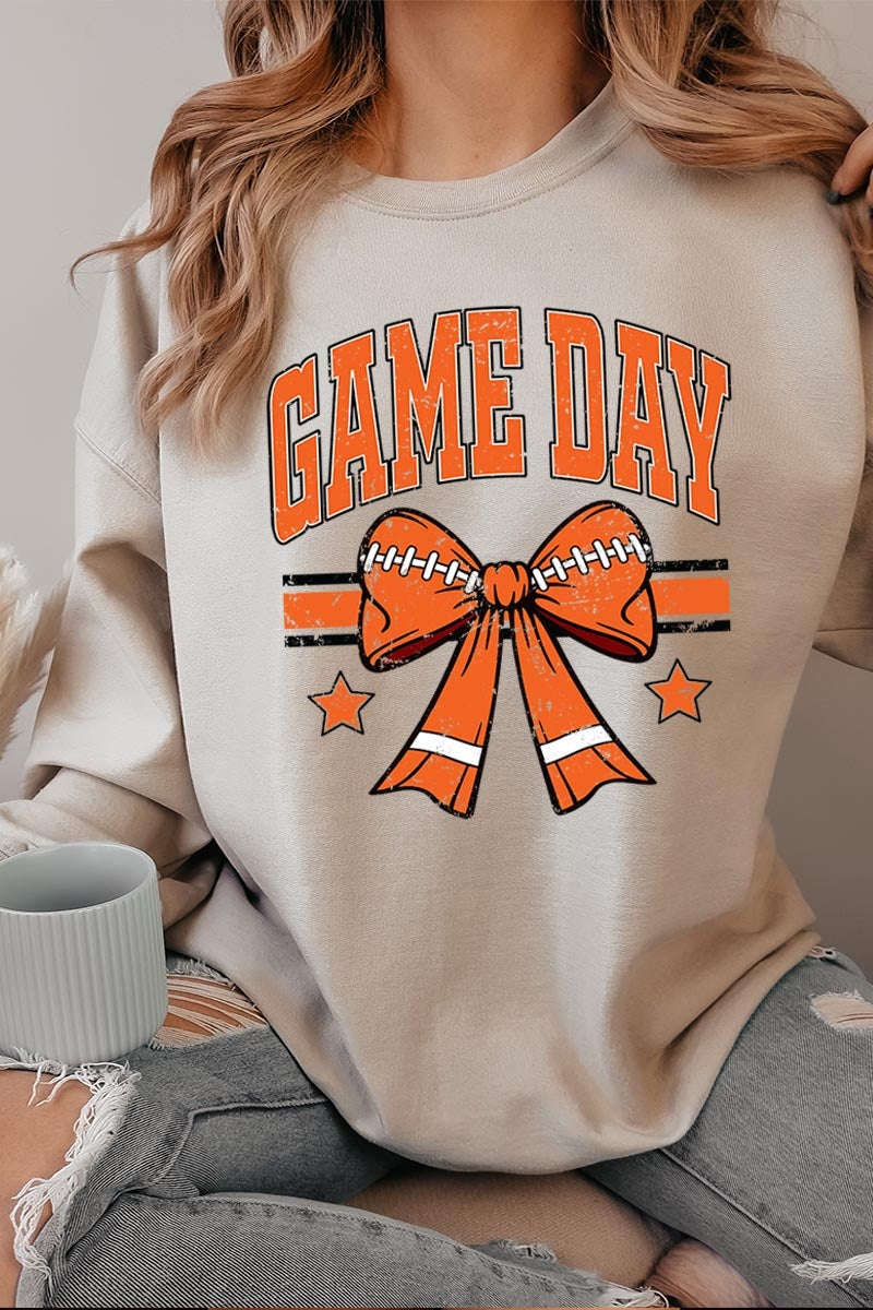 UL180P-E3064 Orange Game Day Football Bow Plus Sweatshirt $25
