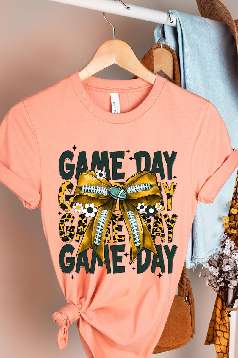 US3001P-E3090 Yellow Football Game Day Bow Graphic Plus Tee $16