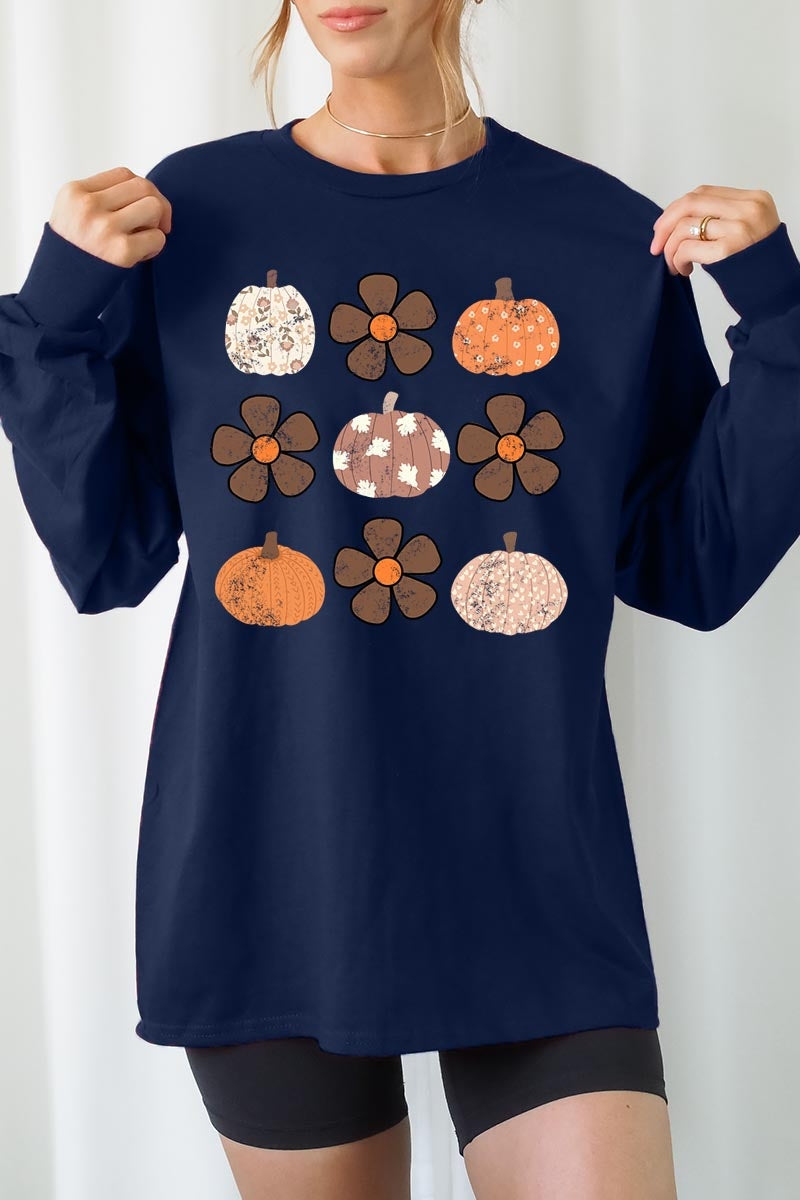 UL240-E3117 Pumpkins & Flowers Fall Graphic Long Sleeve Tee $13.75