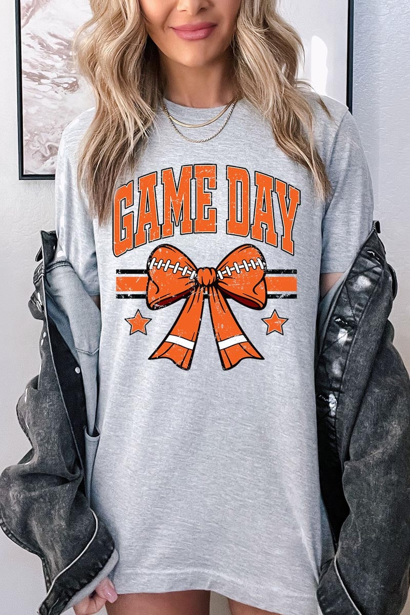 US3001P-E3064 Orange Game Day Football Bow Graphic Plus Tee $16