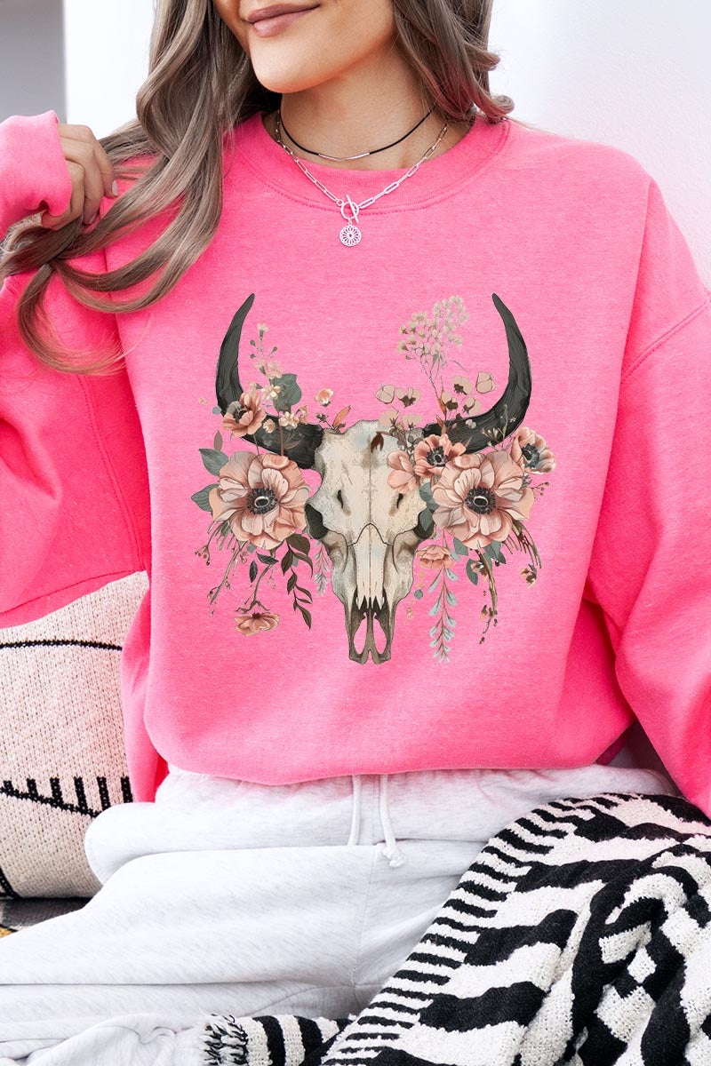 UL180P-E3113 Western Skull Floral Graphic Plus Sweatshirt $25