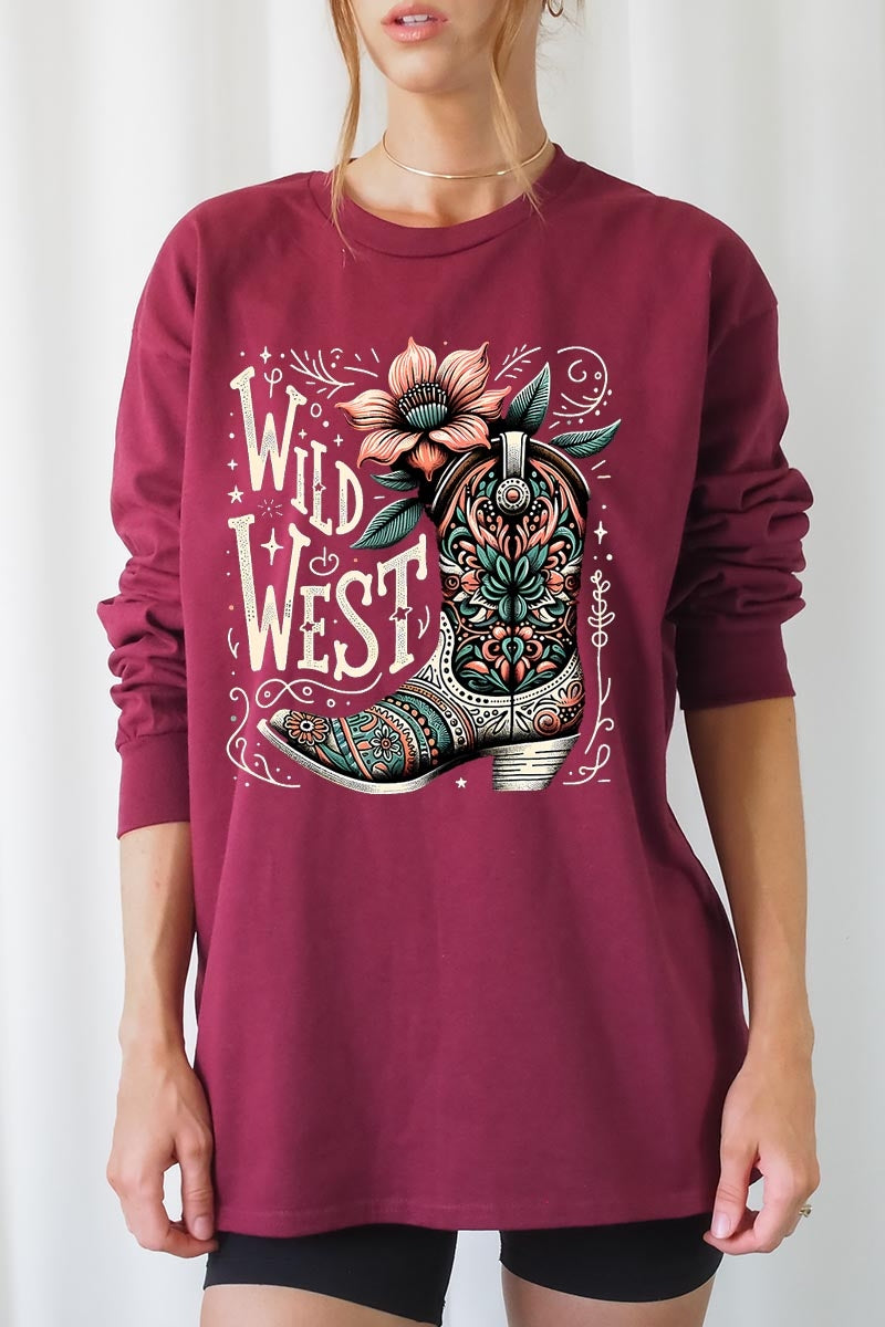 UL240-E3100 Wild West Cowgirl Boot Graphic Long Sleeve Tee $13.75
