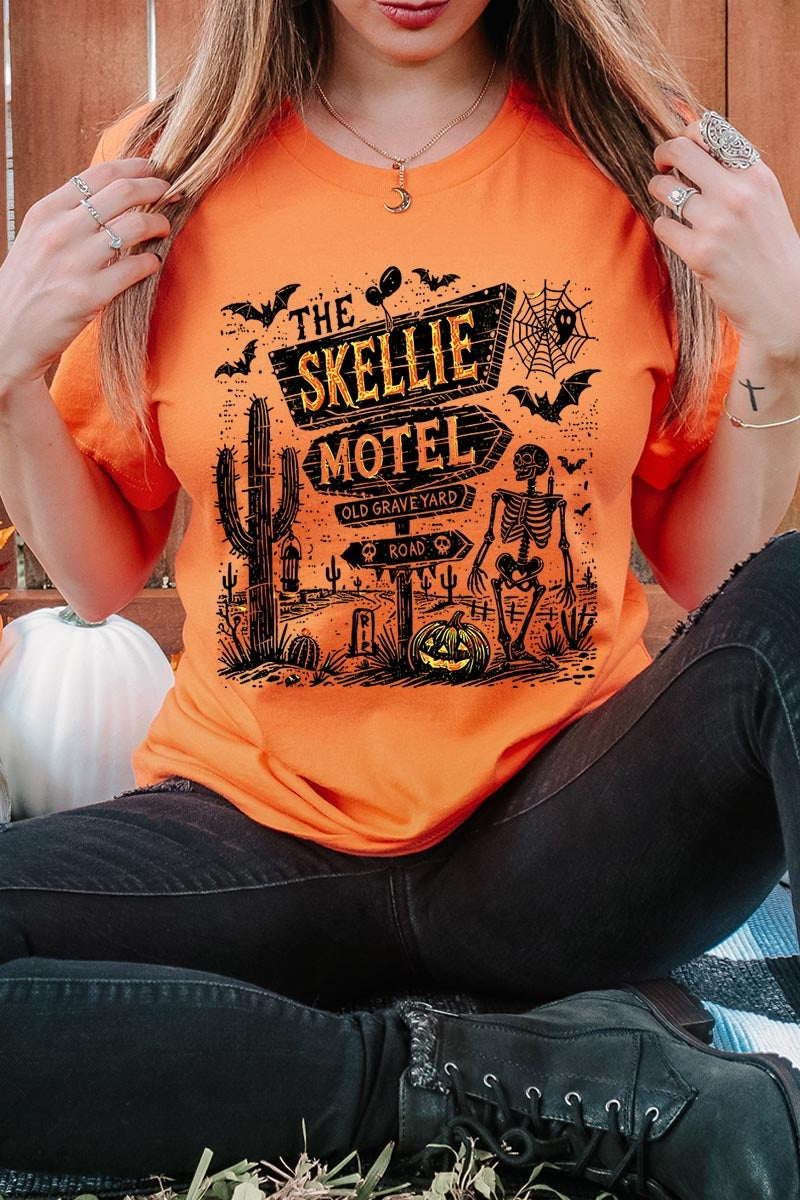 US3001P-E3108 Skellie Motel Halloween Graphic Plus Tee $16
