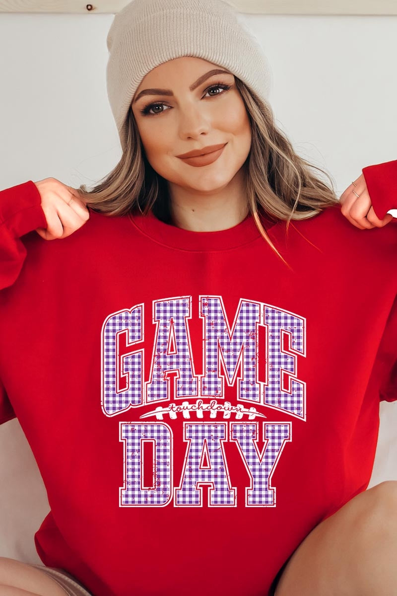UL180P-E3127 Purple Gingham Game Day Graphic Plus Sweatshirt $25
