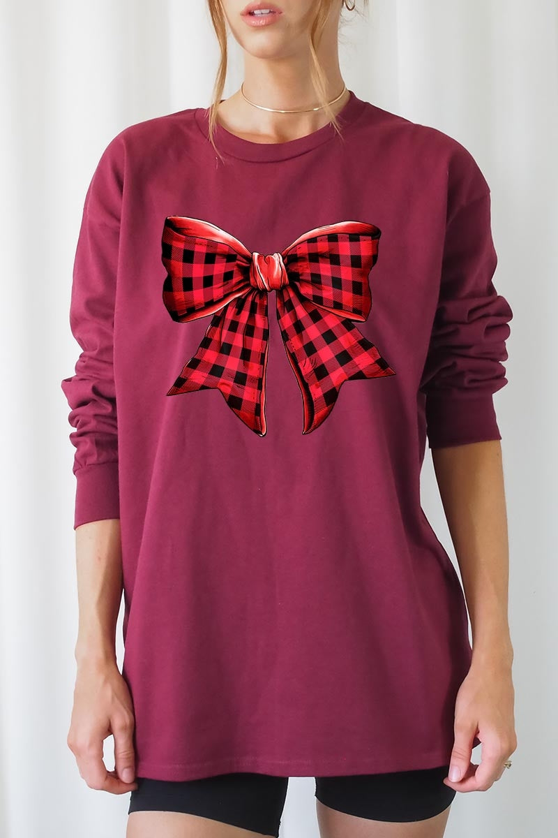 UL240-E3198 Red Buffalo Plaid Bow Graphic Long Sleeve Tee $13.75