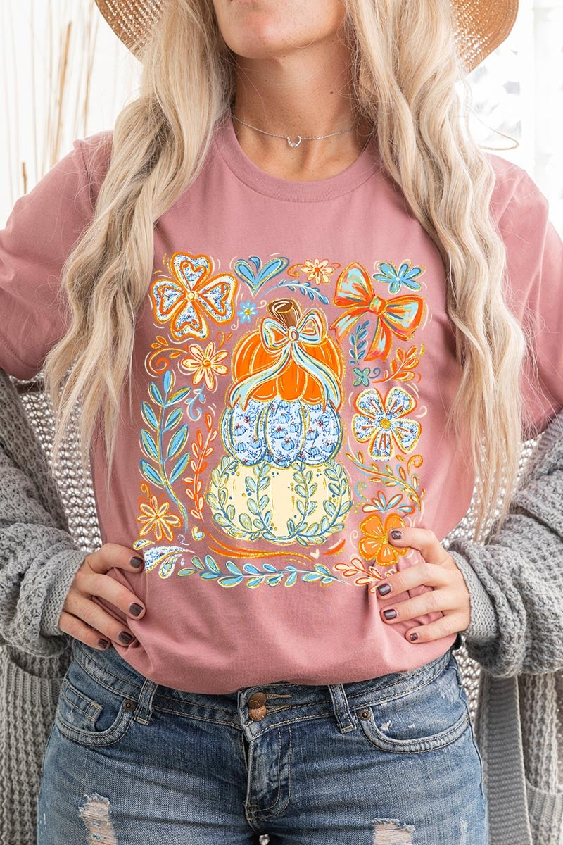 US3001P-E3153 Floral Pumpkin Stack Graphic Plus Tee $16