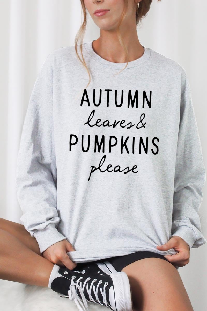 UL240P-E3158 Autumn Leaves Pumpkins Graphic Plus Long Sleeve Tee $17