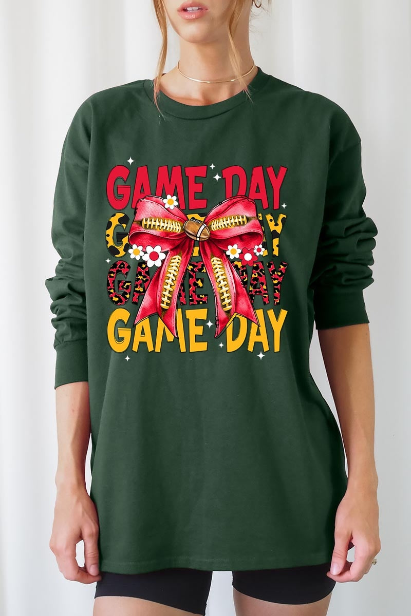 UL240-E3091 Red Yellow Football Game Day Bow Long Sleeve Tee $13.75
