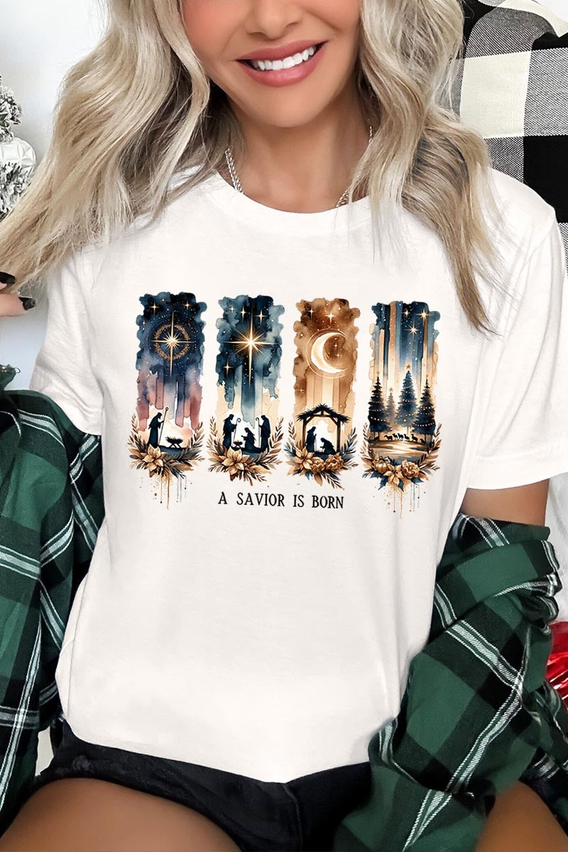 US3001-E3204 Savior Is Born Nativity Graphic Tee $12.5