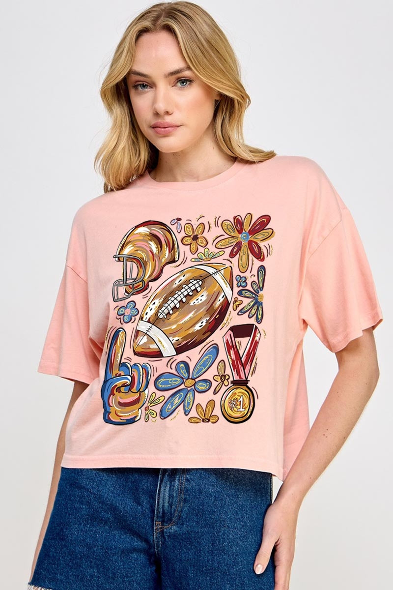 CTS-E3072 Retro Floral Football Graphic Relaxed Crop Top $11