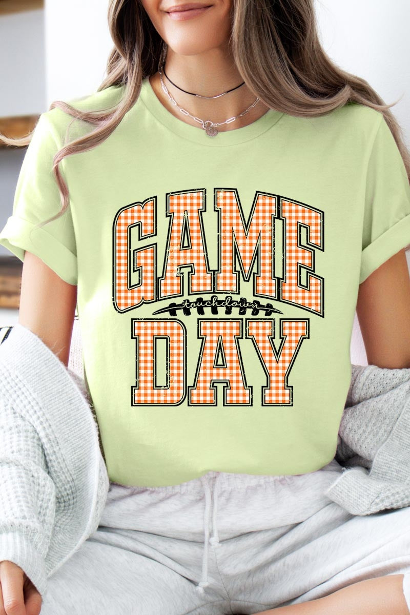 US3001-E3129 Orange Gingham Game Day Graphic Tee $12.5