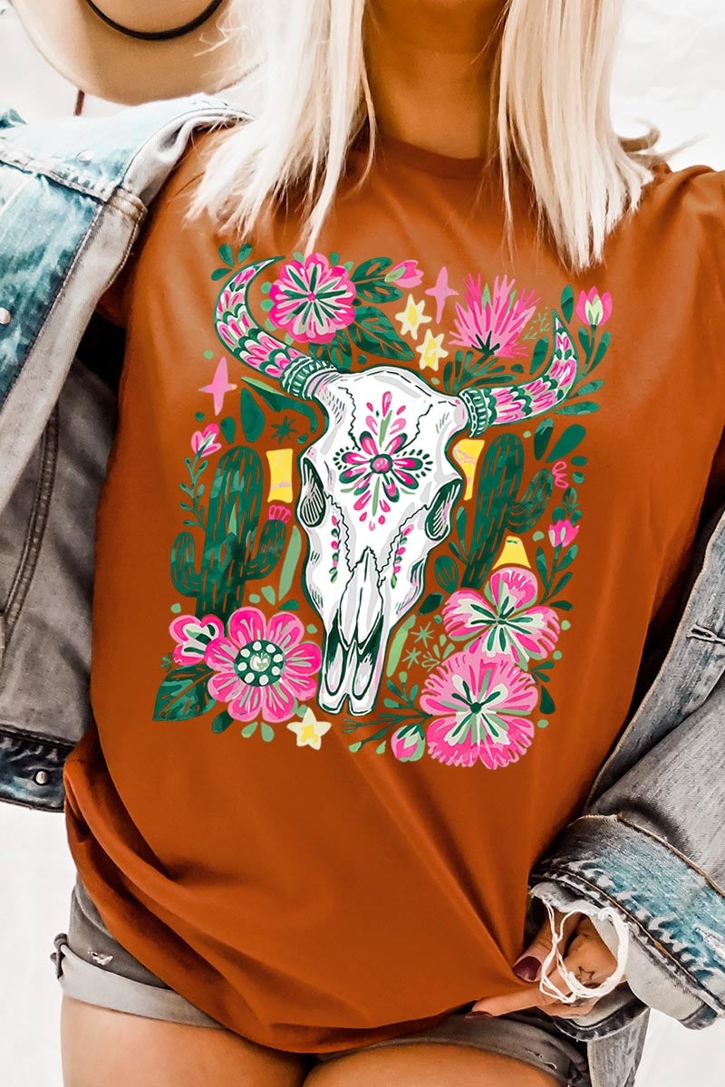 US3001P-E3086 Western Floral Cow Skull Graphic Plus Tee $16