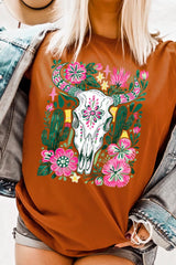 US3001-E3086 Western Floral Cow Skull Graphic Tee $12.5